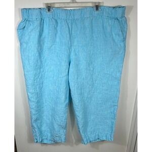 Talbots Nantucket Pull On Wide Leg Crop Pants Womens 3X Aqua Blue Linen Beachy